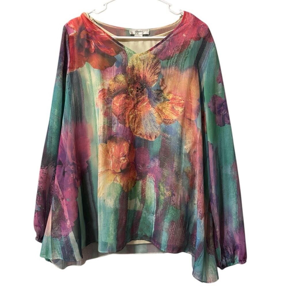 CJ Banks Women Size‎ 1X V Neck Long Sleeve Lined Shirt Blouse Colorful Modern